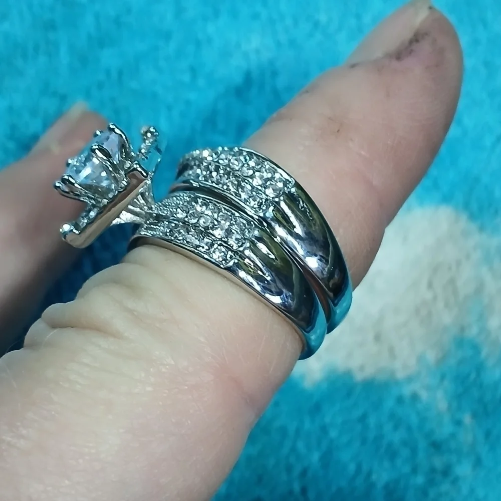 Silvertone engagement wedding set cubic zirconia size 7